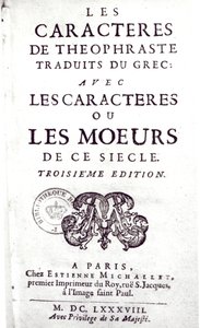 Page de titre de Les Caractères de Théophraste traduits du grec, avec Les Caractères ou les mœurs de ce siècle par La Bruyère (1645-96) 1688 - French School