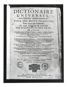 Page de titre du Dictionnaire Universel par Antoine Furetière (1619-88) 1690 - French School