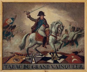 Au tabac du grand gagnant. (portrait équestre de Napoléon Bonaparte (1769-1821), menant ses troupes à la bataille) - French School