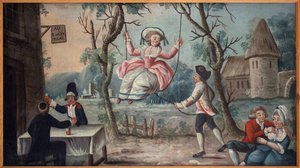 Aux trois ordres réunis. Le Clergé, la Noblesse et le Tiers État réunis dans une taverne. Une jeune femme se balance. Enseigne peinte de marchand de cocardes, viendrait du Palais Royal, peinture anonyme, période révolutionnaire - French School