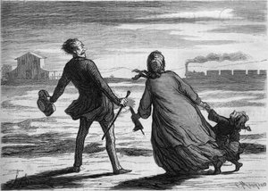 Trop tard ! : une famille vient de rater son train. Caricature par Honoré Daumier (1808-1879). Gravure dans 