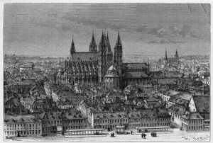 Tournai : vue extérieure de Notre-Dame et panorama de la ville. Gravure par Barclay, pour illustrer l