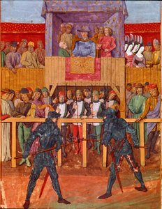 Scène de tournoi opposant deux chevaliers en armure miniature de « Le Jouvencel » par Jean V de Bueil (1406-1477)