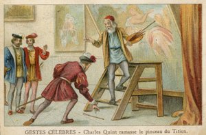 Carte de commerce représentant Charles Quint ramassant le pinceau de Titien - French School