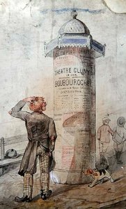 Clochard regardant une affiche publicitaire pour la pièce de Courteline 