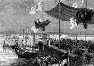 Translation des cendres de Luis Vaz de Camoes et Vasco de Gama, Portugal, 9 juin 1880 : embarquement dans le port de Belem des restes du poète Luis Vaz de Camoes dit les Camoens (1525-1580) et du navigateur Vasco de Gama (1459-1524). Gravure dans "L