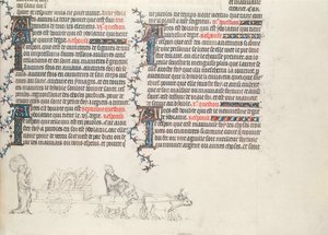 Transport des biens dans une charrette tirée par des bœufs, miniature inachevée de la Bible de Jean de Sy, c.1355