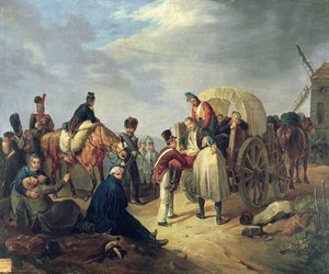 Transport de soldats blessés pendant les guerres napoléoniennes - French School