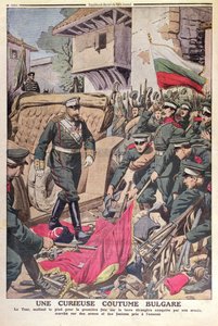 Tsar Ferdinand I (1861-1948) de Bulgarie marchant sur des drapeaux capturés pendant la guerre balkanique de 1912, novembre 1912 - French School