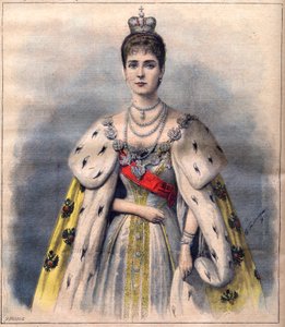 Tsarine Alexandra de Russie dans ses robes de couronnement - Tsarine Alexandra Fiodorovna en costume sacré. Illustration pour Le Petit Journal, 24 mai 1896 (gravure)
