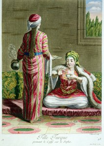 Jeune fille turque prenant du café sur le canapé, de la Collection de Gravures de Costumes du Levant, gravée par I. Haussard, 1707-08 - French School