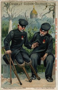 Deux invalides de guerre : un cul-de-jatte parlant à un manchot. Chromolithographie du 19ème siècle - French School