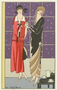 Deux femmes prenant le thé et habillées en créations de Jean Patou et Beer, de Art-Goût-Beauté pub. 1924 - French School