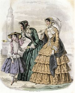 Deux femmes avec une fille à la campagne - dans « Journal des Demoiselles » 1852. - French School