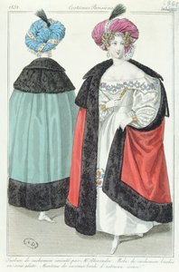 Deux femmes avec turbans, robes et manteaux de cachemire, de Costumes Parisiens, 1831 - French School