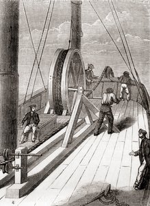 Déroulement du câble sous-marin de Douvres à Calais à bord du Blazer, 25 décembre 1851, des Merveilles de la Science, publié vers 1870 (gravure) - French School