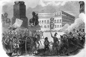 Soulèvement à Bologne : renversement du gouvernement pontifical sous Grégoire XVI Pape de 1831 à 1846. Gravure dans « Histoire des Papes-Rois-Reines et Empereurs à travers les siècles » par Maurice Lachatre