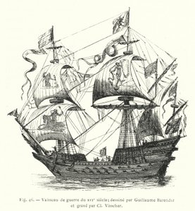 Vaisseau de guerre du XVIe siècle; dessiné par Guillaume Barendsz et gravé par Cl. Visscher (gravure) - French School