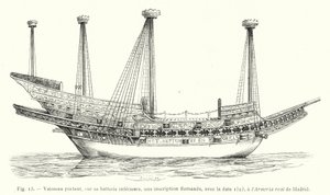 Vaisseau portant, sur sa batterie inférieure, une inscription flamande, avec la date 1523, à l