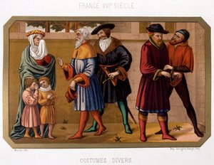 Divers costumes de la bourgeoisie au XVIe siècle - chromo XIXe siècle d
