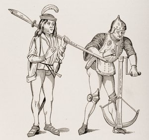 Varlet ou écuyer portant une hallebarde à lame épaisse et un archer tirant une corde d