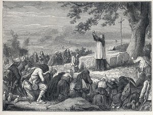 Guerres de Vendée (1793-1796) : Prêtre inséré célébrant une messe sous un chêne pour la population insurgée qui rejette les prêtres assermentés. Gravure de 1889. Collection privée. - French School