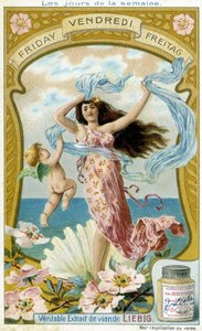 Vénus illustre le vendredi. Carte publicitaire chromolithographique Liebig