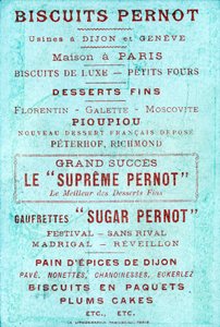 Verso avec publicité pour Biscuits Pernot, usines à Dijon et Genève, Maison à Paris