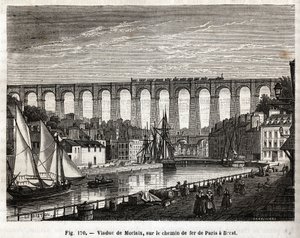 Viaduc de Morlaix, sur la ligne de chemin de fer de Paris à Brest (France). Gravure par Lebreton et Marchand, dans « Les Merveilles de la Science » par Louis Figuier (1819-1894), édition Jouvet et Cie - French School