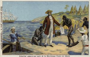Victor Schoelcher apportant la nouvelle de leur liberté aux esclaves de la Martinique, vers 1848 - French School