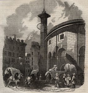 Vue de la halle au blé à Paris (construite en 1763-1769) et de la colonne Médicis, gravure début XIXe siècle - Vue de la Halle au blé, située à l