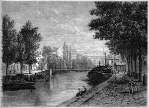Vue du canal Saint-Martin, à Paris, avant les transformations réalisées par Haussmann au milieu du 19e siècle. Vue prise à la hauteur de la rue Saint-Sébastien. Gravure dans « Le Monde Illustré » n°233 du 28 septembre - French School