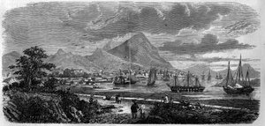 Vue de la ville de Hong Kong (Hong Kong) (île de la baie de Canton) en 1857. Gravure dans « Le Monde Illustré » n°29 du 31 octobre 1857.