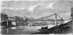 Vue du pont Saint-Jean sur le Tibre (Tevere) en Italie, inauguré en 1863. Ce pont en acier a été conçu par Alphonse Oudry (1819-1869). Gravure dans "Le Monde Illustré" n°349 du 19 décembre 1863