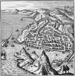 Vue de la ville et du port de Marseille au XVIe siècle. Gravure dans "La Marine et les colonies : commerce" - French School