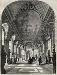 Vue de la nouvelle salle des empereurs romains, au Musée des antiques du Louvre. Gravure dans "L