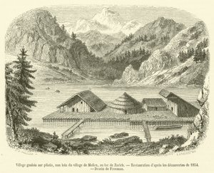 Village gaulois sur pilotis, non loin du village de Meilen, au lac de Zurich - French School