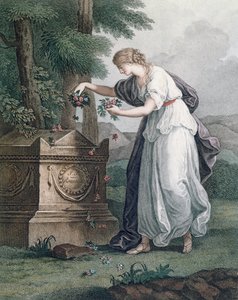 La Vertu rend hommage au tombeau de Rousseau, Ermenonville (Tombeau de Jean-Jacques Rousseau), 1866 (gravure en couleur) - French School