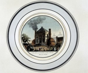 Vue de la Pompe à Feu prise de la cour - lithographie dans « Vues pittoresques des principaux bâtiments de Paris » par Sergeant - French School