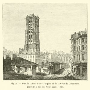 Vue de la tour Saint-Jacques et de la Cour du Commerce, prise de la rue des Arcis avant 1830 - French School