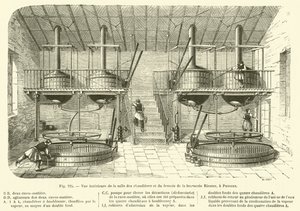 Vue intérieure de la salle des chaudières et du brassin de la brasserie Riester, à Puteaux - French School