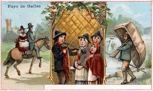 Pays de Galles, carte promotionnelle pour la boisson Chicorée à la Bergère avec des représentations de la vie galloise, vers 1890 - French School