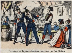 Guerre de 1870 entre la France et la Prusse : paysans alsaciens rançonnés par les Hulans (Uhlans, Houlans) image d