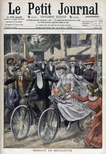Mariage à vélo dans la cour de la mairie de Nice, dans « Le Petit Journal » du 25 avril 1909 (gravure) - French School