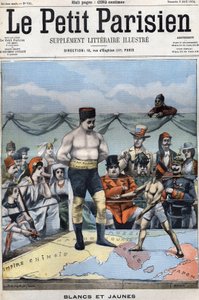 Blanc et Jaune (caricature sur la guerre russo-japonaise: des pays comme la France, les États-Unis, la Chine... regardant le Japon et la Russie boxer). Couverture Le petit Parisien du 3 avril - French School