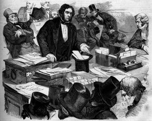William Ewart Gladstone (1809-1898), homme politique anglais, Chancelier du Chancelier, présentant le budget et le commerce à la Chambre des communes. Londres, Angleterre - French School