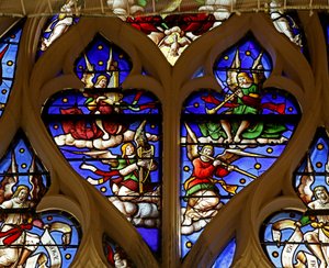 Fenêtre représentant des Anges Musiciens, Trompette, Harpe, Flûte, Orgue - French School