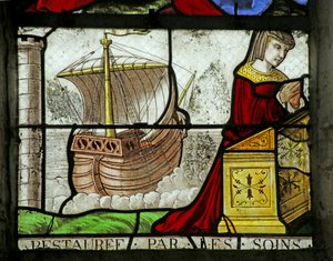 Vitrail représentant une donatrice et un bateau