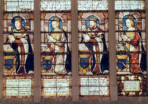 Vitrail représentant Louis de Bourbon (1465-1520) Prince de La Roche-sur-Yon, Louise de Bourbon (d.1561) Comtesse de Montpensier, Louis II de Bourbon (1513-82) Duc de Montpensier et Jacquette de Longwy - French School