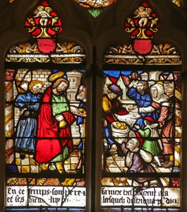 Vitrail représentant la charité de Saint Roch nourrissant les pauvres - French School